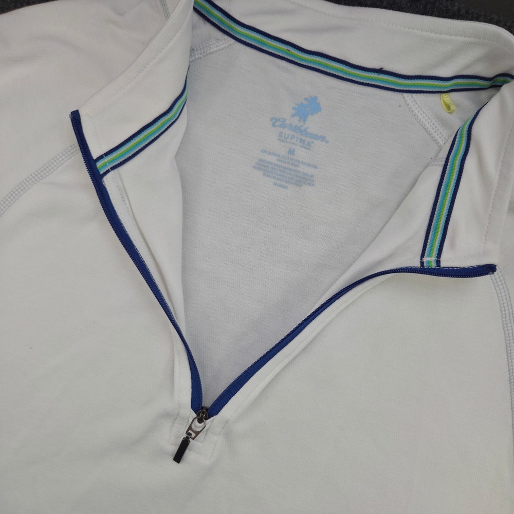 Caribbean Supima Cotton Quarter Zip Shirt Men M White Short Sleeve Beachy Preppy